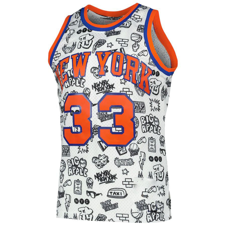 NY.Knicks #33 Patrick Ewing Mitchell & Ness 1991-92 Hardwood Classics Doodle Swingman Jersey White Stitched American Basketball Jersey UNEC