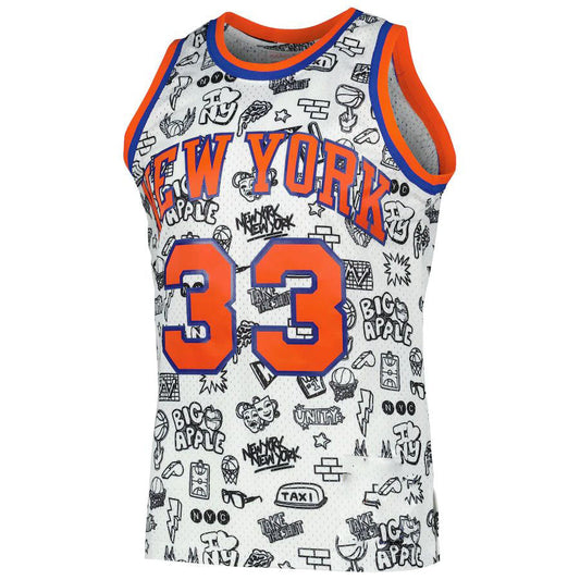 NY.Knicks #33 Patrick Ewing Mitchell & Ness 1991-92 Hardwood Classics Doodle Swingman Jersey White Stitched American Basketball Jersey UNEC
