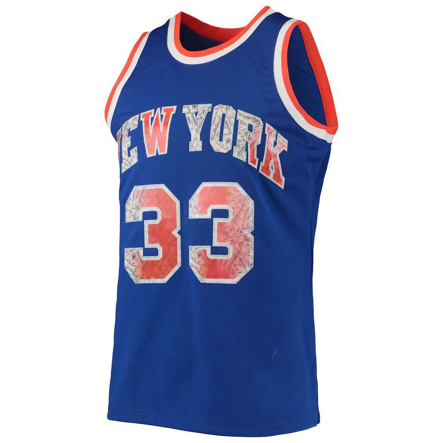 NY.Knicks #33 Patrick Ewing Mitchell & Ness 1996-97 Hardwood Classics 75th Anniversary Diamond Swingman Jersey Blue Stitched American Basketball Jersey UNEC
