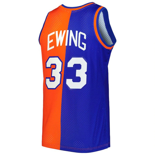NY.Knicks #33 Patrick Ewing Mitchell & Ness Hardwood Classics 1991-92 Split Swingman Jersey BlueOrange Stitched American Basketball Jersey UNEC