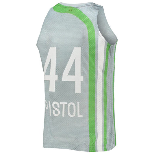 A.Hawks #44 Pete Maravich Mitchell & Ness 75th Anniversary 1971-72 Hardwood Classics Swingman Jersey Silver Stitched American Basketball Jersey UNEC