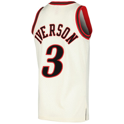 PH.76ers #3 Allen Iverson Mitchell & Ness Chainstitch Swingman Jersey - Cream Stitched American Basketball Jersey UNEC