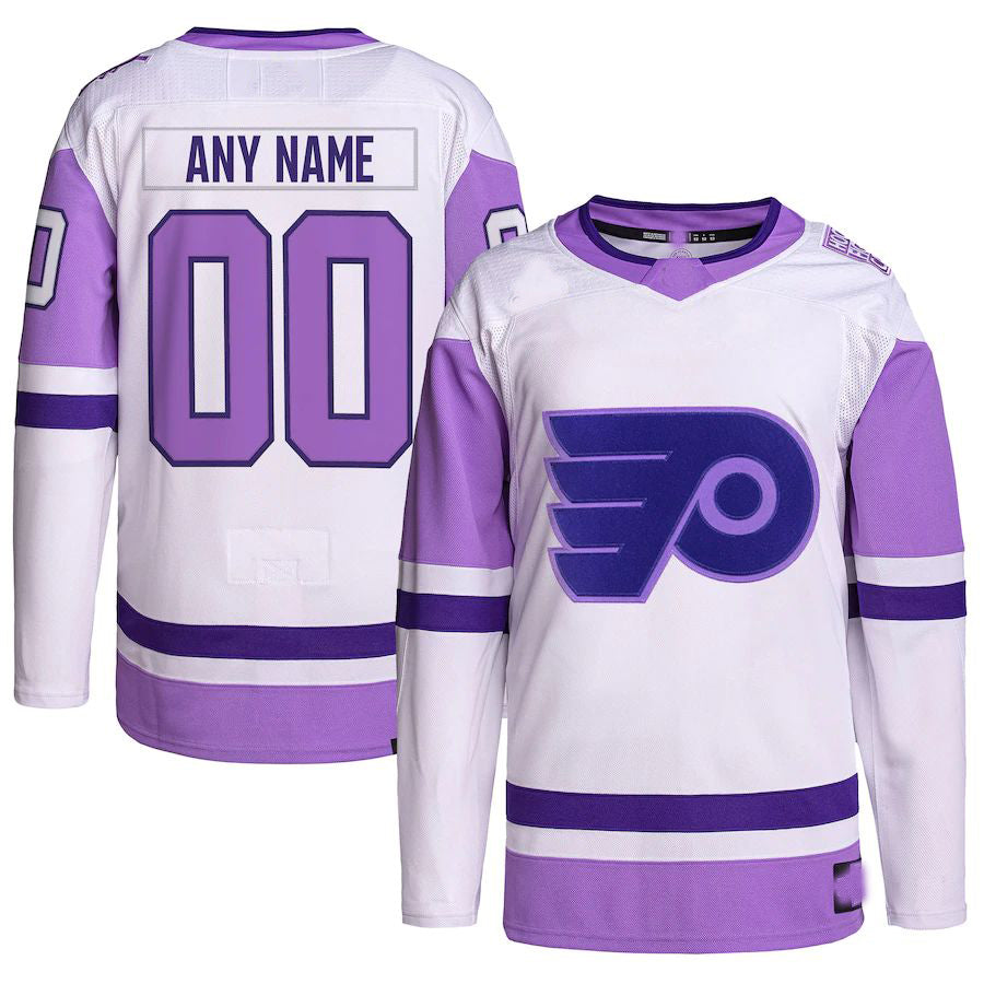 Custom P.Flyers Hockey Fights Cancer Primegreen Authentic Jersey White-Purple Stitched American Hockey Jersey UNEC