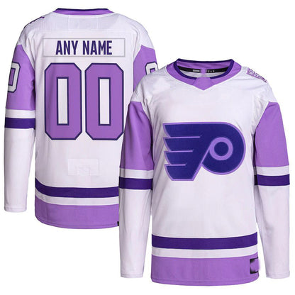 Custom P.Flyers Hockey Fights Cancer Primegreen Authentic Jersey White-Purple Stitched American Hockey Jersey UNEC