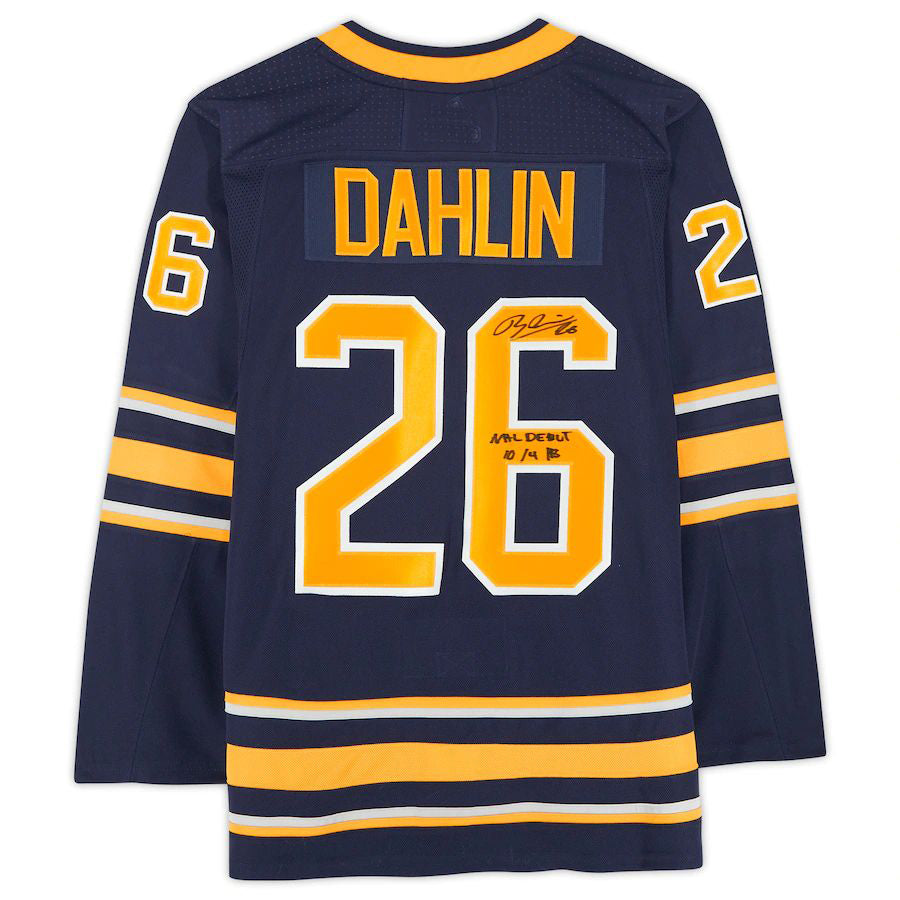B.Sabres #26 Rasmus Dahlin Fanatics Authentic Autographed Jersey with Debut 10-4-18 Inscription Navy Stitched American Hockey Jersey UNEC