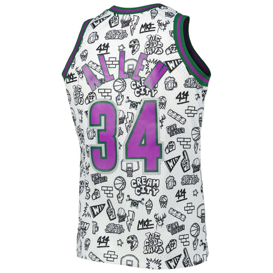 M.Bucks #34 Ray Allen Mitchell & Ness 2000-01 Hardwood Classics Doodle Swingman Jersey White Stitched American Basketball Jersey UNEC