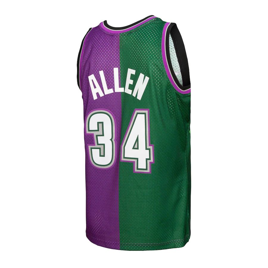 M.Bucks #34 Ray Allen Mitchell & Ness Hardwood Classics 1996-97 Split Swingman Jersey Green-Purple Stitched American Basketball Jersey UNEC