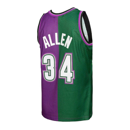 M.Bucks #34 Ray Allen Mitchell & Ness Hardwood Classics 1996-97 Split Swingman Jersey Green-Purple Stitched American Basketball Jersey UNEC