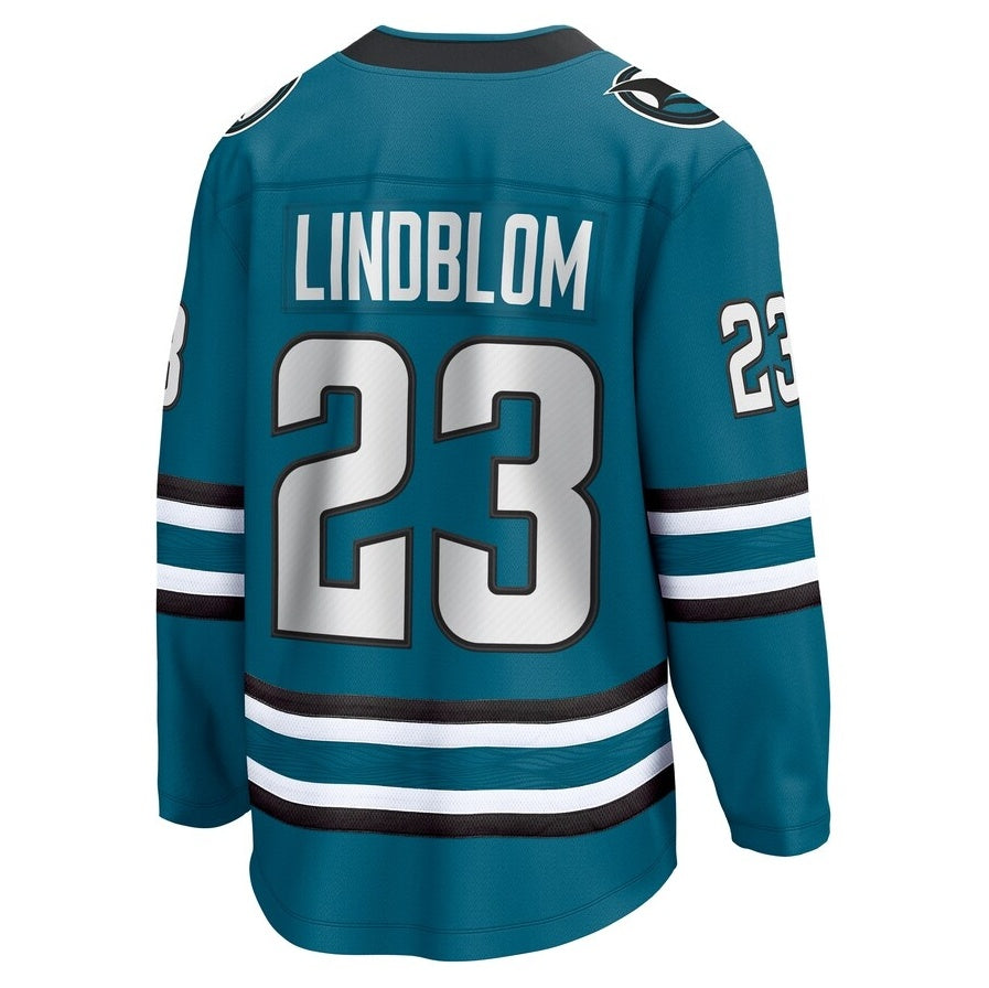 SJ.Sharks #23 Oskar Lindblom Fanatics Home Breakaway Jersey - Teal Stitched American Hockey Jersey UNEC