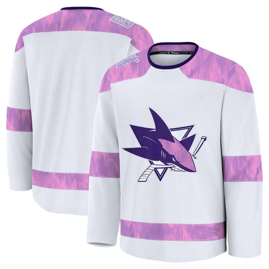 SJ.Sharks Fanatics 2024 Hockey Fights Cancer Practice Jersey - White Stitched American Hockey Jersey UNEC