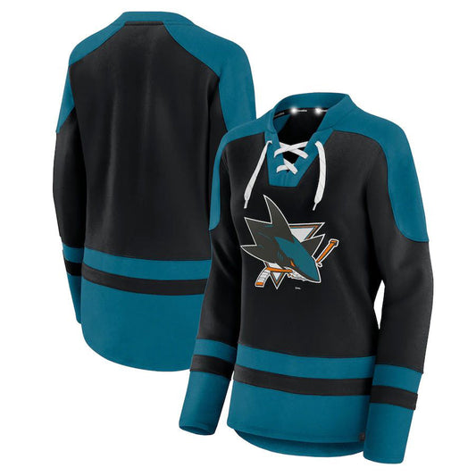 SJ.Sharks Fanatics Branded Net Gain Fleece V-Neck Pullover Sweatshirt  Black Stitched American Hockey Jersey UNEC