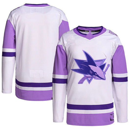 SJ.Sharks Hockey Fights Cancer Primegreen Authentic Blank Practice Jersey White Purple Stitched American Hockey Jersey UNEC