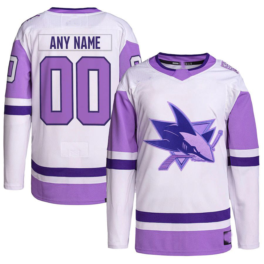 Custom SJ.Sharks Hockey Fights Cancer Primegreen Authentic Jersey White Purple Stitched American Hockey Jersey UNEC