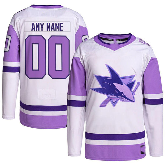 Custom SJ.Sharks Hockey Fights Cancer Primegreen Authentic Jersey White Purple Stitched American Hockey Jersey UNEC