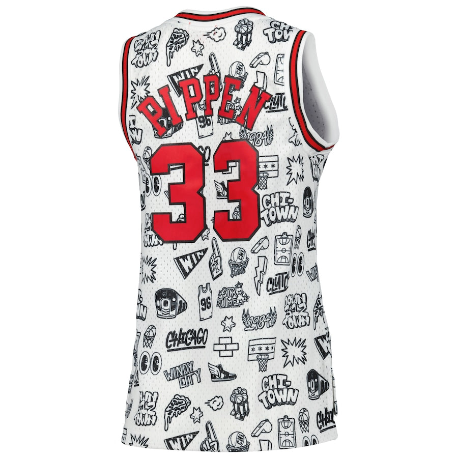 C.Bulls #33 Scottie Pippen Mitchell & Ness 1997 Doodle Swingman Jersey White Stitched American Basketball Jersey UNEC