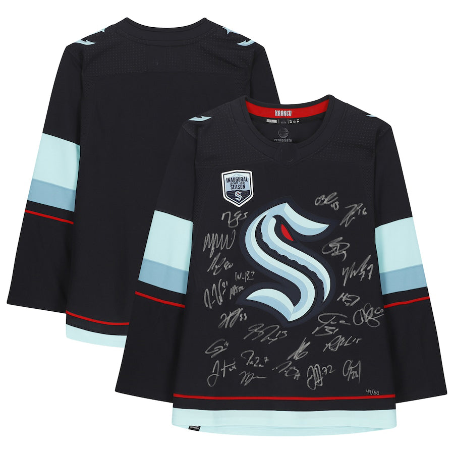 S.Kraken Fanatics Authentic Multi-Signed with Inaugural Season Jersey Patch with 25 Signatures Edition of 50 Blue Stitched American Hockey Jersey UNEC
