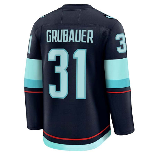 S.Kraken #31 Philipp Grubauer Fanatics Home Premium Jersey - Deep Sea Blue Stitched American Hockey Jersey UNEC