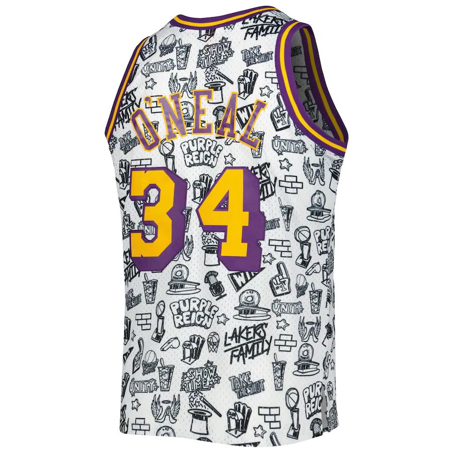 LA.Lakers #34 Shaquille O'Neal Mitchell & Ness 1996-97 Hardwood Classics Doodle Swingman Jersey White Stitched American Basketball Jersey UNEC