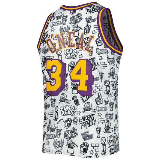 LA.Lakers #34 Shaquille O'Neal Mitchell & Ness 1996-97 Hardwood Classics Doodle Swingman Jersey White Stitched American Basketball Jersey UNEC