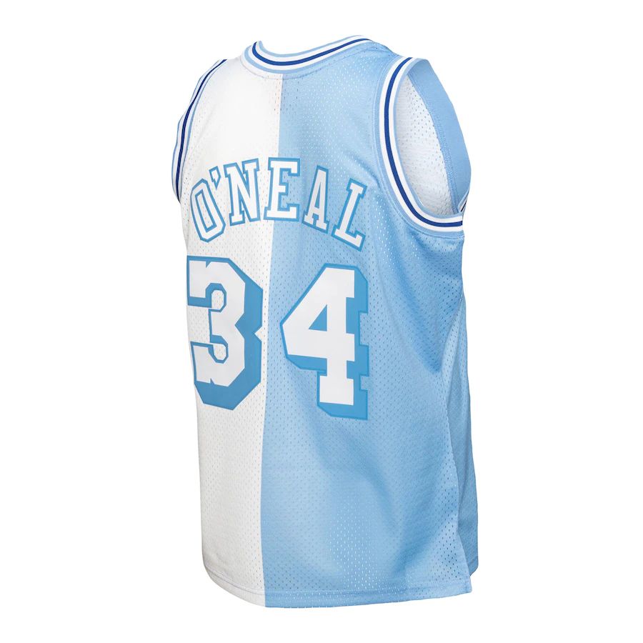 LA.Lakers #34 Shaquille O'Neal Mitchell & Ness Big & Tall Hardwood Classics 1996-97 Split Swingman Jersey Powder Blue White Stitched American Basketball Jersey UNEC