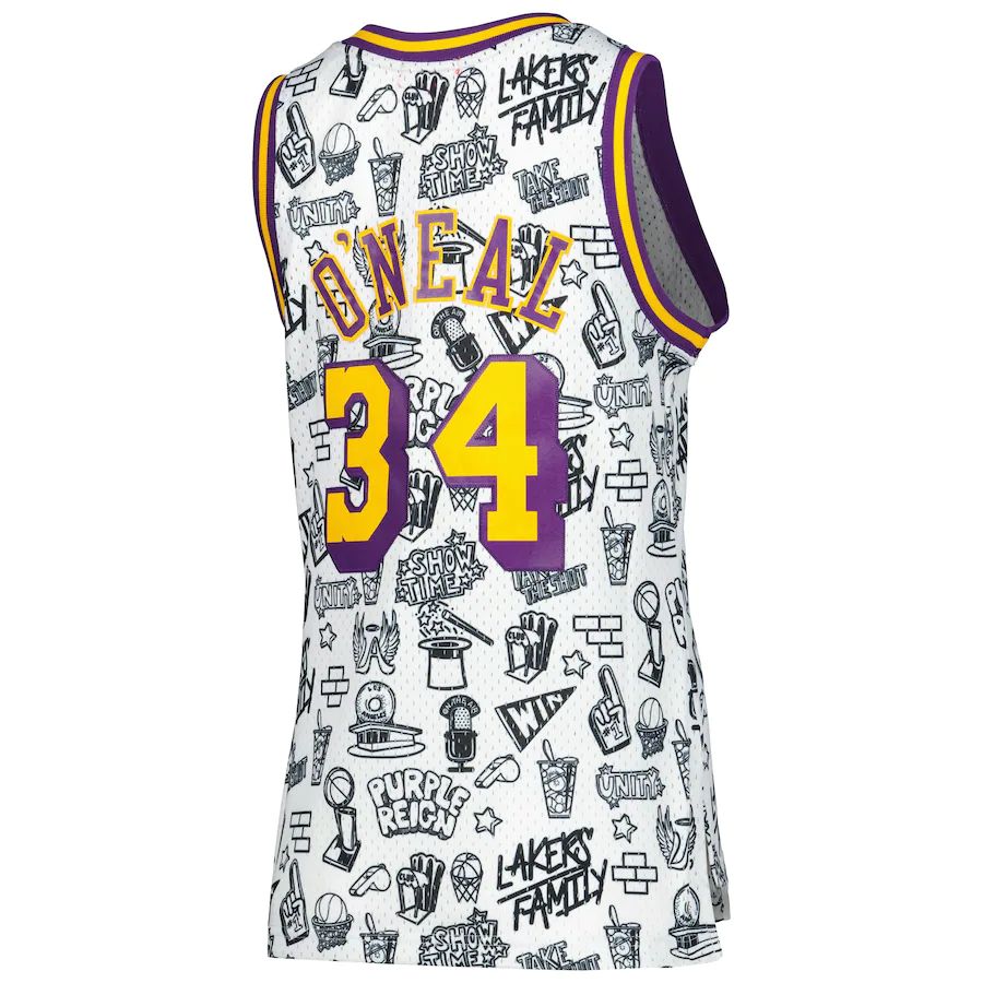 LA.Lakers #34 Shaquille O'Neal Mitchell & Ness Women's 1996 Doodle Swingman Jersey White Stitched American Basketball Jersey UNEC