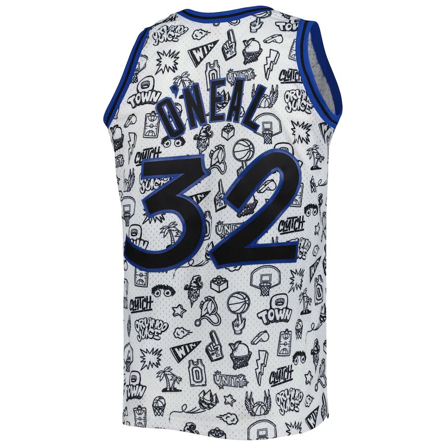 O.Magic #32 Shaquille O'Neal Mitchell & Ness 1994-95 Hardwood Classics Doodle Swingman Jersey White Stitched American Basketball Jersey UNEC
