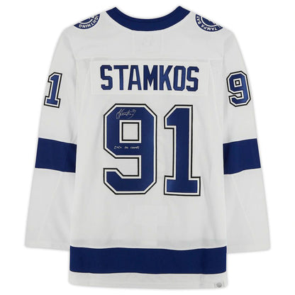 TB.Lightning #91 Steven Stamkos Fanatics Authentic Autographed with Stanley Cup Final Patch and 2020 SC Champs Inscription White Stitched American Hockey Jersey UNEC