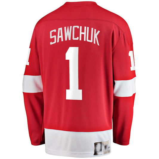 D.Red Wings #1 Terry Sawchuk Fanatics Branded Premier Breakaway Retired Player Jersey Red Stitched American Hockey Jersey UNEC
