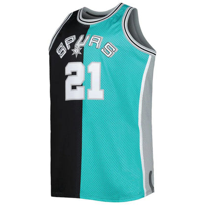 S.Antonio Spurs #21 Tim Duncan Mitchell & Ness Big & Tall Hardwood Classics 1998-99 Split Swingman Jersey BlackTeal Stitched American Basketball Jersey UNEC