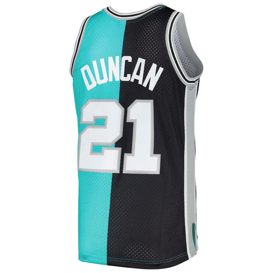 S.Antonio Spurs #21 Tim Duncan Mitchell & Ness Hardwood Classics 1998-99 Split Swingman Jersey Black-Teal Stitched American Basketball Jersey UNEC
