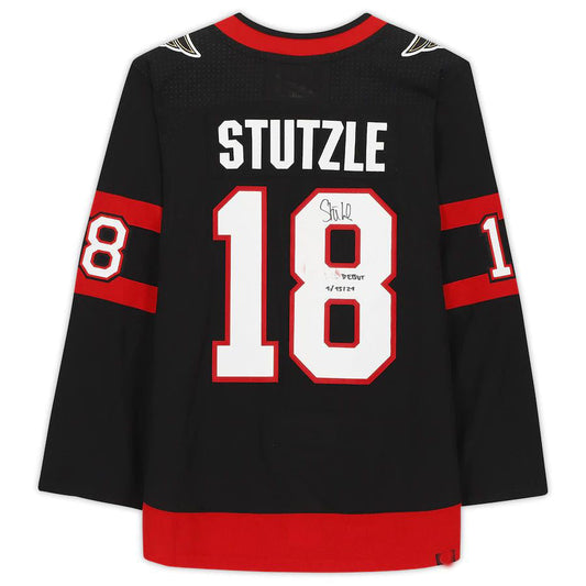O.Senators #18 Tim Stutzle Fanatics Authentic Autographed with Debut 1-15-21 Inscription Black Stitched American Hockey Jersey UNEC