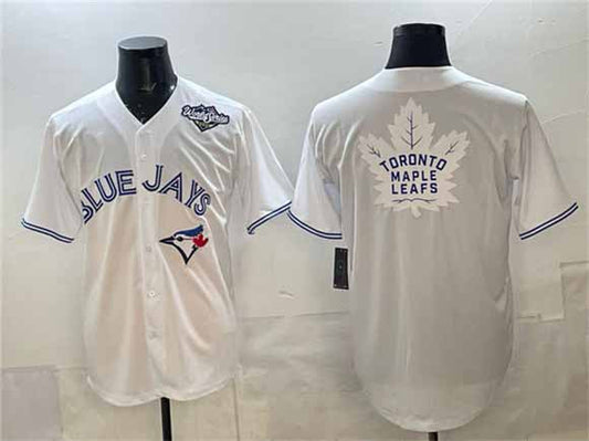 Toronto Blue Jays & Leafs White 2025 World Series With White Leafs Logo Cool Base Stitched Baseball Jersey