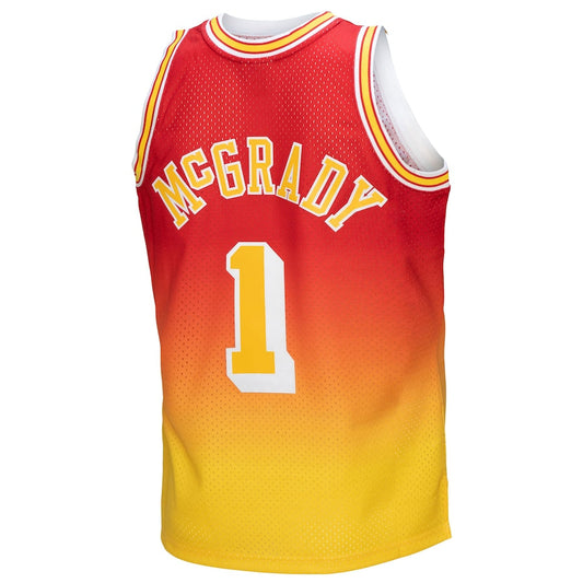 H.Rockets #1 Tracy McGrady Mitchell & Ness 2004-05 Hardwood Classics Fadeaway Swingman Player Jersey Gold Red Stitched American Basketball Jersey UNEC