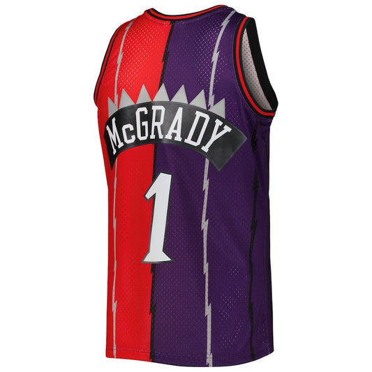 T.Raptors #1 Tracy McGrady Mitchell & Ness Hardwood Classics 1998-99 Split Swingman Jersey PurpleRed Stitched American Basketball Jersey UNEC