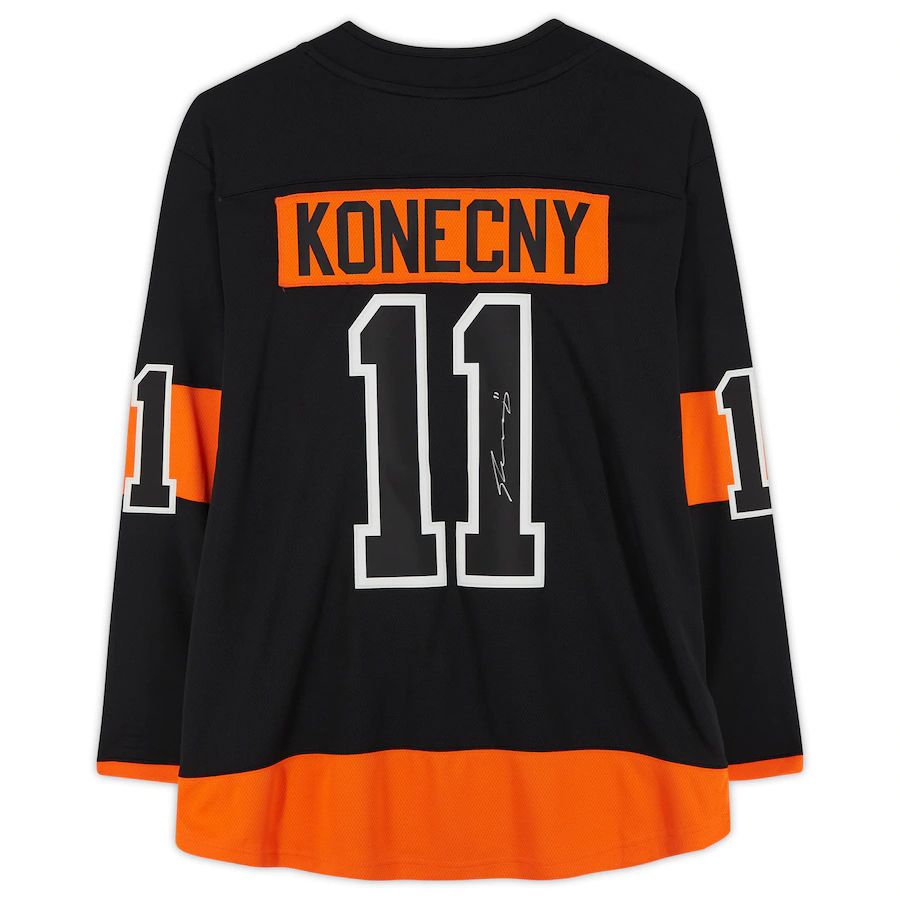 P.Flyers #11 Travis Konecny Fanatics Authentic Autographed Alternate Fanatics Breakaway Jersey Black Stitched American Hockey Jersey UNEC