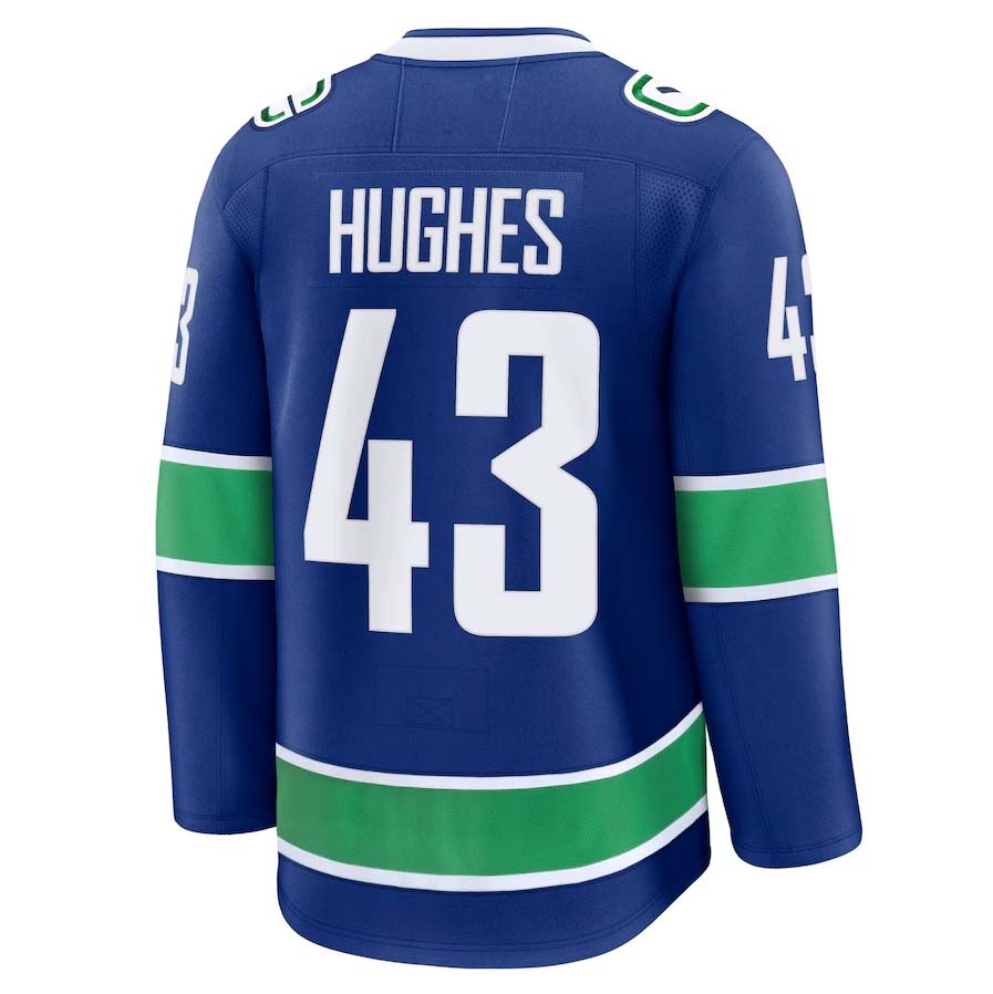 V.Canucks #43 Quinn Hughes Fanatics Home Premium Jersey - Blue Stitched American Hockey Jersey UNEC