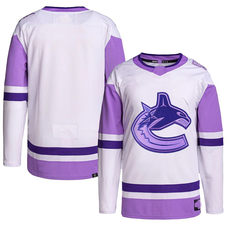 V.Canucks Hockey Fights Cancer Primegreen Authentic Blank Practice Jersey White Purple Stitched American Hockey Jersey UNEC
