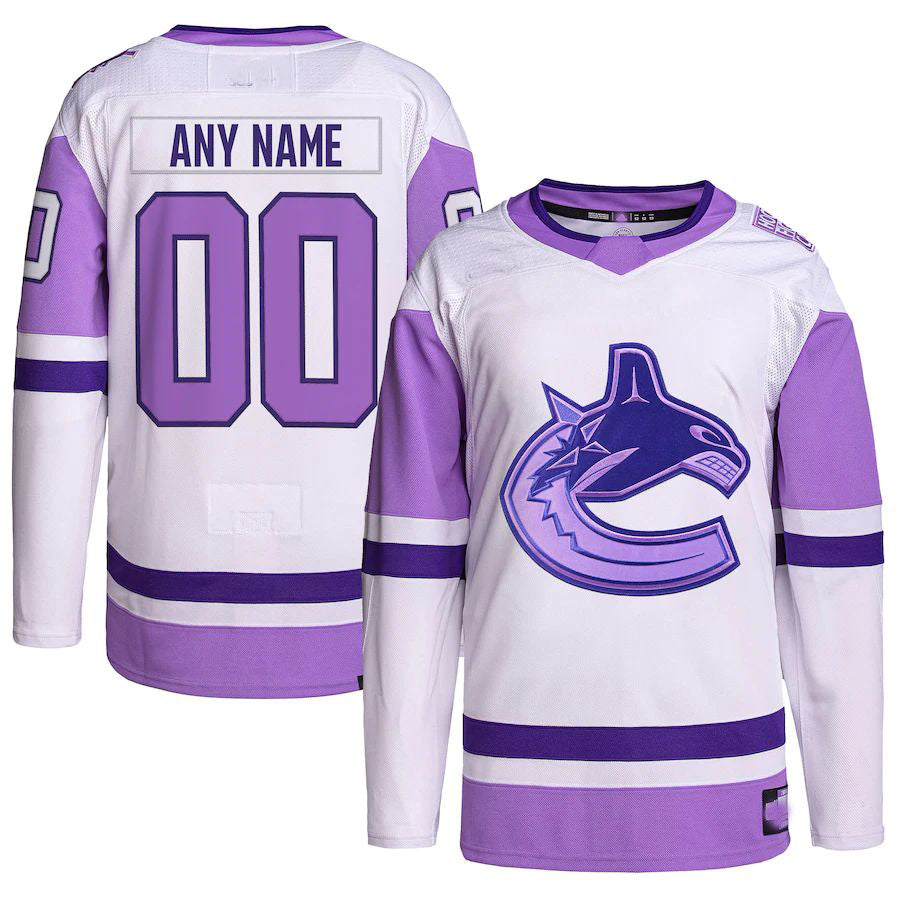 Custom V.Canucks Hockey Fights Cancer Primegreen Authentic Jersey White Purple Stitched American Hockey Jersey UNEC