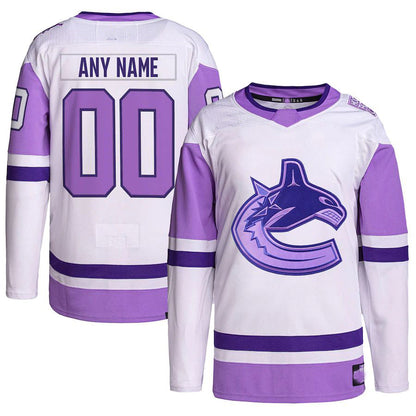 Custom V.Canucks Hockey Fights Cancer Primegreen Authentic Jersey White Purple Stitched American Hockey Jersey UNEC