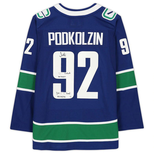 V.Canucks #92 Vasily Podkolzin Fanatics Authentic Autographed Jersey with Multiple Inscriptions Limited Edition of 21 Blue Stitched American Hockey Jersey UNEC