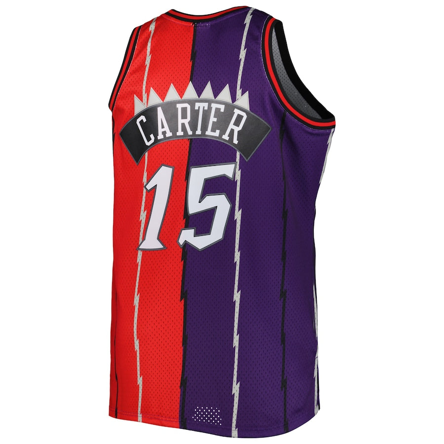 T.Raptors #15 Vince Carter Mitchell & Ness Big & Tall Hardwood Classics 1998-99 Split Swingman Jersey PurpleRed Stitched American Basketball Jersey UNEC