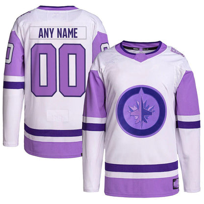 Custom W.Jets Hockey Fights Cancer Primegreen Authentic Jersey White Purple Stitched American Hockey Jersey UNEC