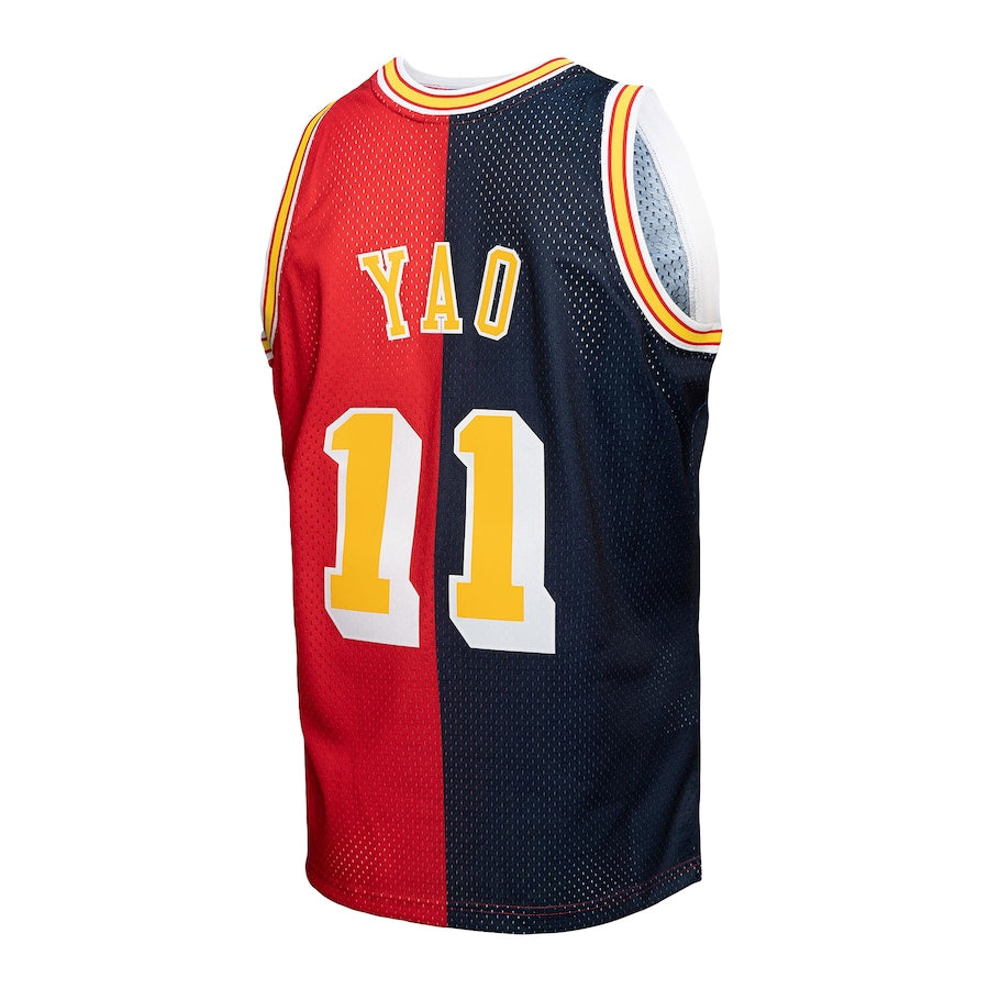 H.Rockets #11 Yao Ming Mitchell & Ness Hardwood Classics 2004-05 Split Swingman Jersey Navy Red Stitched American Basketball Jersey UNEC