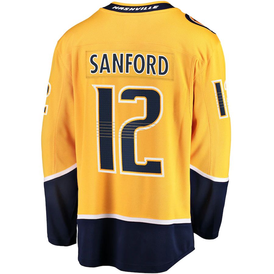 N.Predators #12 Zach Sanford Fanatics Branded Home Breakaway Player Jersey Gold Stitched American Hockey Jersey UNEC